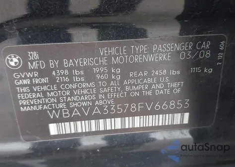 2008 BMW 328I из США, поврежденный, VIN WBAVA33578FV66853